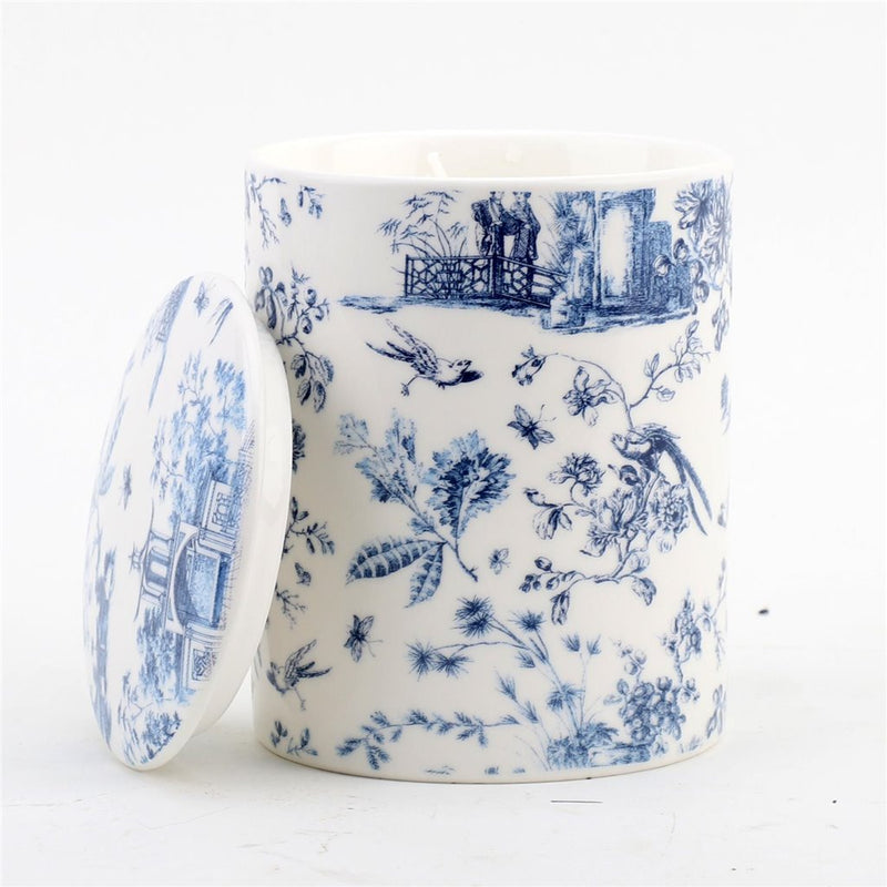 Blue & White Round Porcelain Chinoiserie Candle