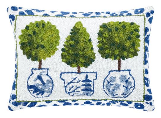 Blue & White Topiary in Chinoiserie Pot with Leopard Border Pillow