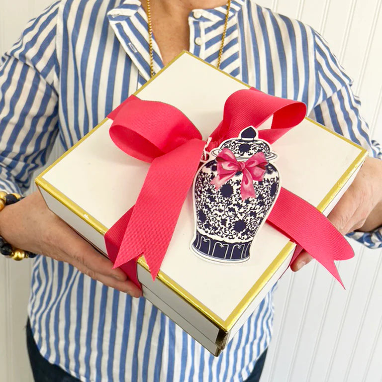 Blue & White Ginger Jar with Pink Bow Gift Tag